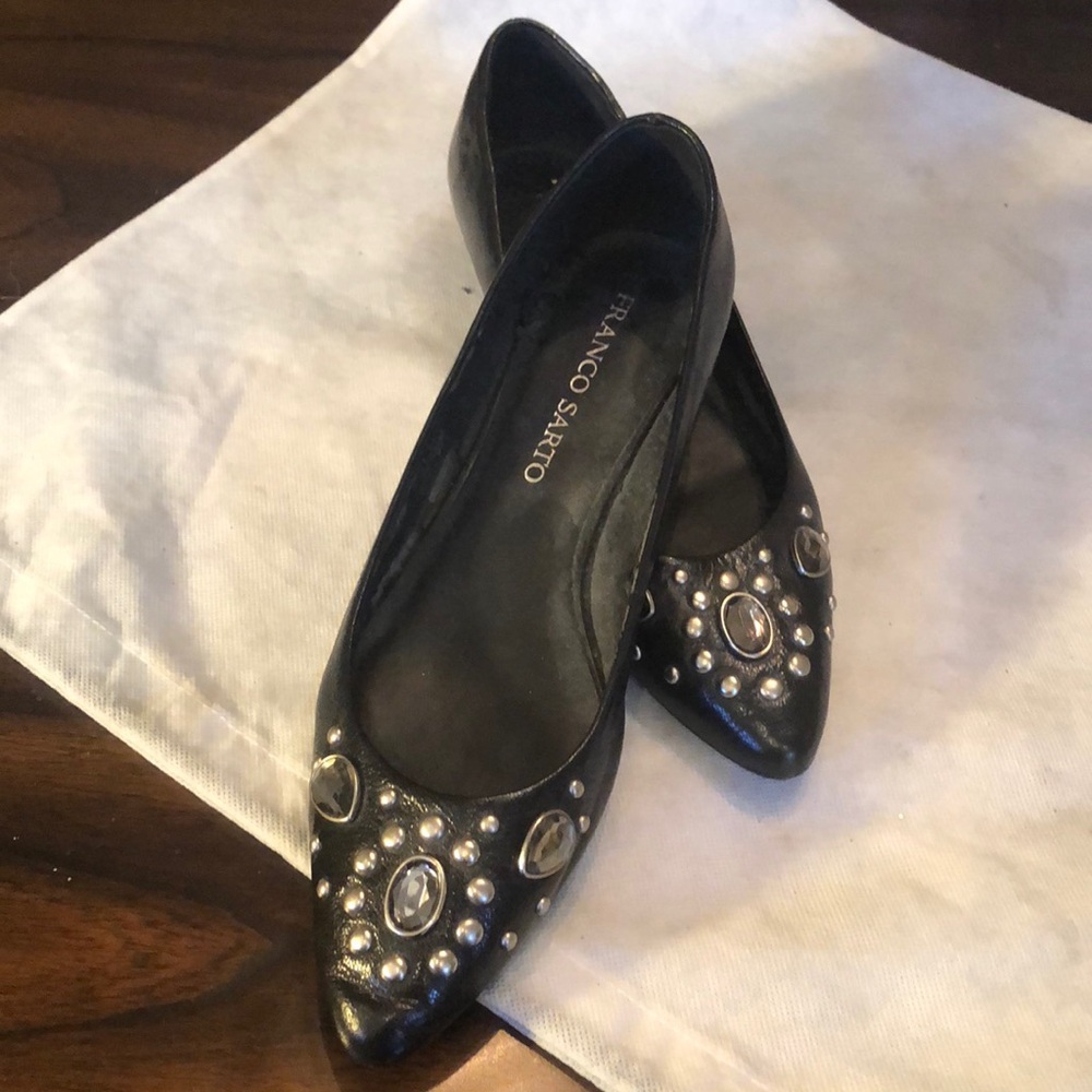 Franco Sarto Studs and crystal Embellished leather low heel cushy insole shoes